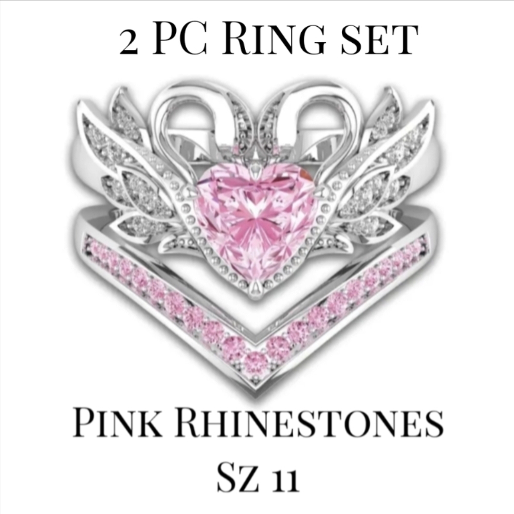 🩷2pc/set Women's Cubic Zirconia Pink Heart Angel Wings Ring & Band w/Pink Stone